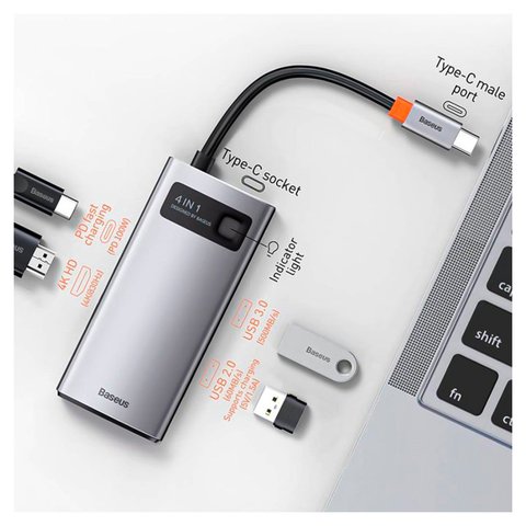 USB хаб Baseus Metal Gleam, USB тип C, USB тип A, USB 3.0 тип A, HDMI, з індикатором, сірий, 4 порта, #CAHUB CY0G