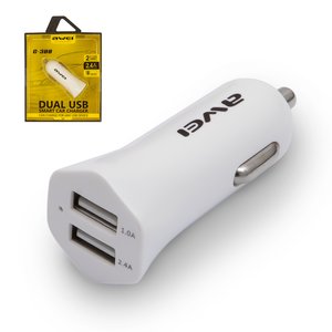Зарядний пристрій Awei C 300, автомобільне, 2 USB виходи 5В 2,4А , 12 В, біле, USB тип A