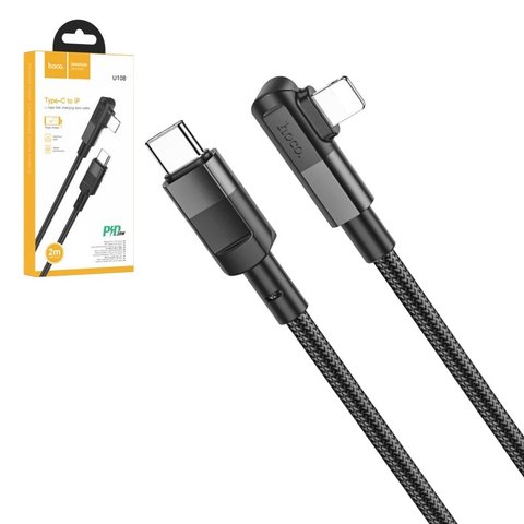 USB кабель Hoco U108, USB тип C, Lightning, 200 см, 20 Вт, черный, Г образный, в нейлоновой оплетке, #6931474764867